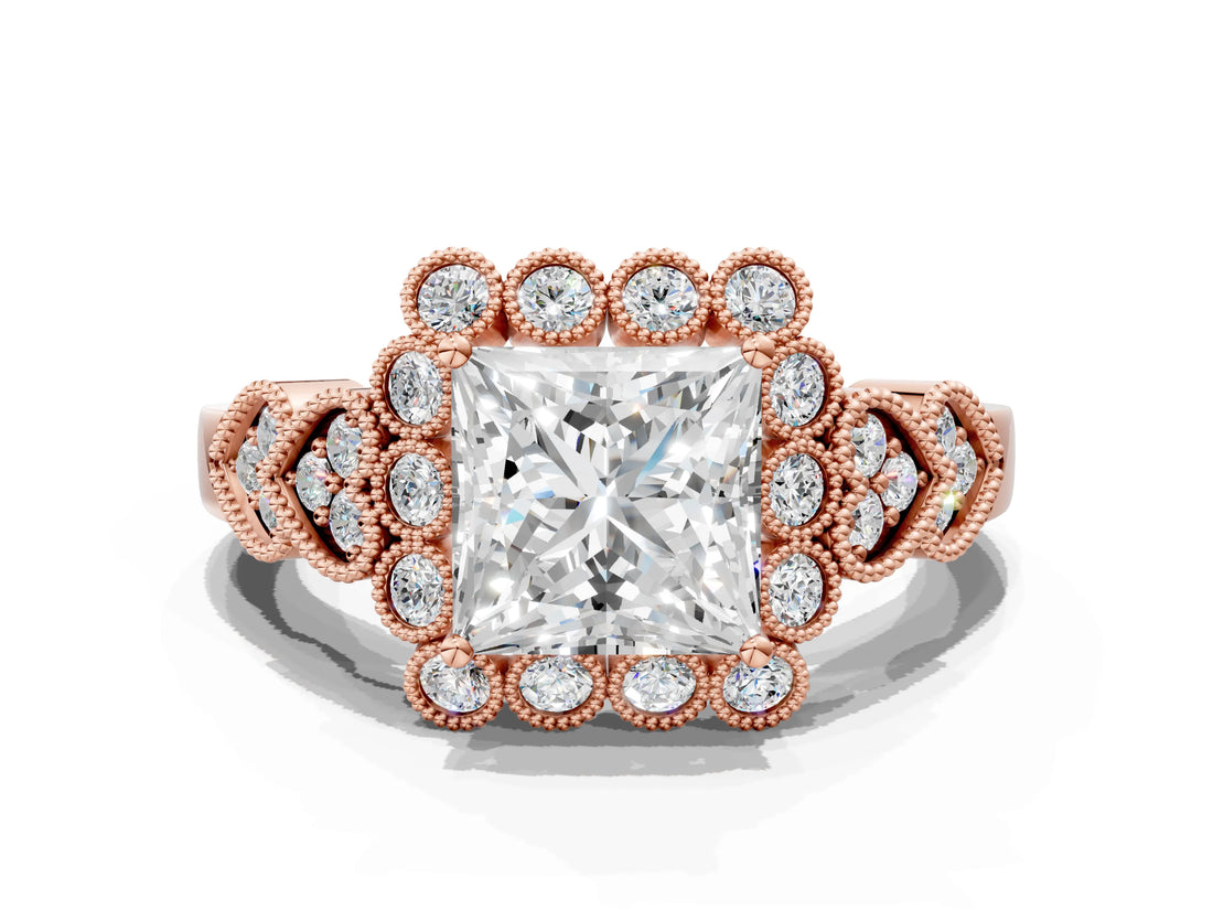 Rose gold Princess Cut Brilliant Milgrain Pave Heart Band Solitaire Ring_3