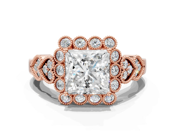 Rose Gold Princess Cut Milgrain Halo Engagement Ring Setting