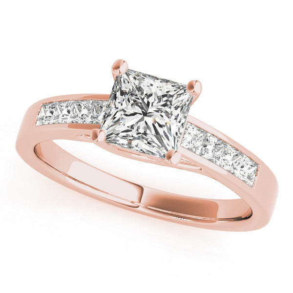 Rose gold Princess Diamond Engagement Ring with Channel Set Princess Side Stones and Four Prong Setting