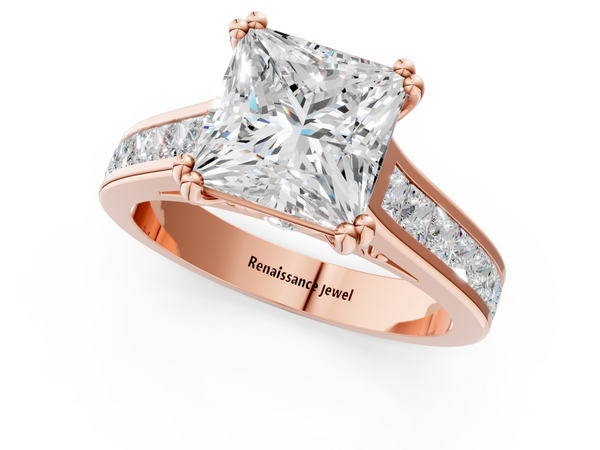 Rose Gold Princess Cut Channel Set Solitaire Engagement Ring Setting with Double Claw Prongs