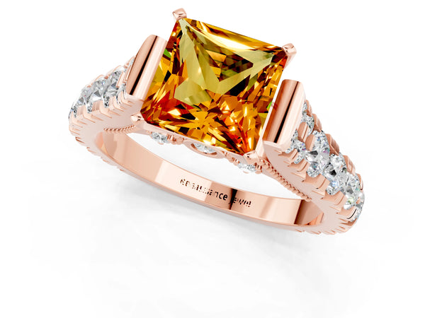 Rose gold Princess Cut Citrine Classic Solitaire Ring with Pavé Band and Four-Prong Setting