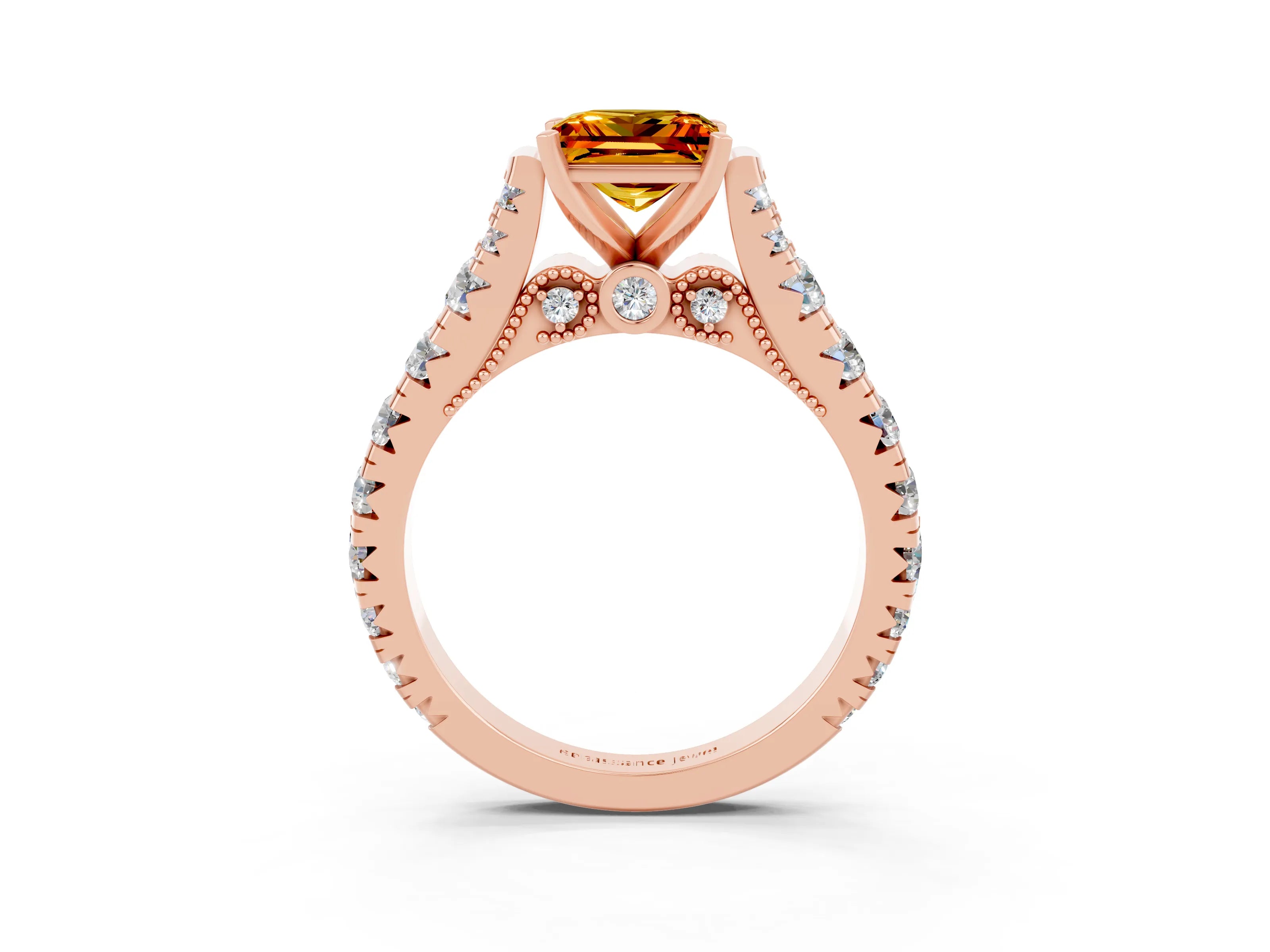 Rose gold Princess Cut Citrine Classic Solitaire Ring with Pavé Band and Four-Prong Setting_3