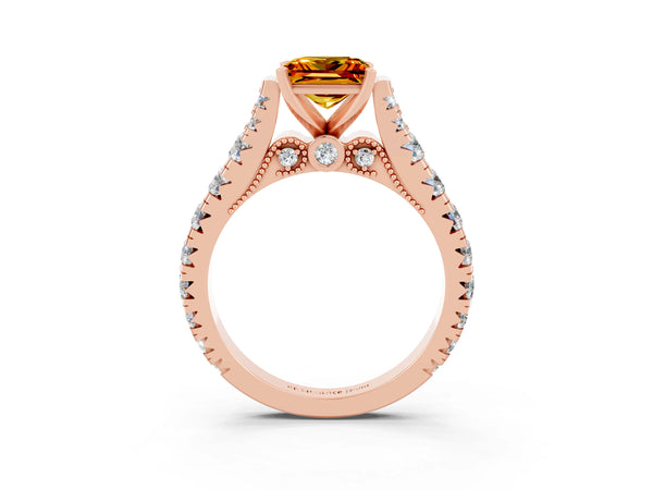 Rose gold Princess Cut Citrine Classic Solitaire Ring with Pavé Band and Four-Prong Setting