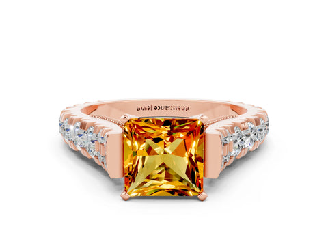 Rose gold Princess Cut Citrine Classic Solitaire Ring with Pavé Band and Four-Prong Setting