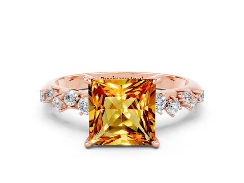 Rose gold Princess Cut Citrine Cluster Side Stone Solitaire Ring with Prong Setting_24