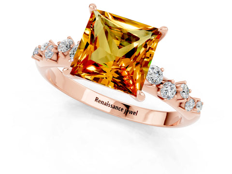 Rose gold Princess Cut Citrine Cluster Side Stone Solitaire Ring with Prong Setting_25