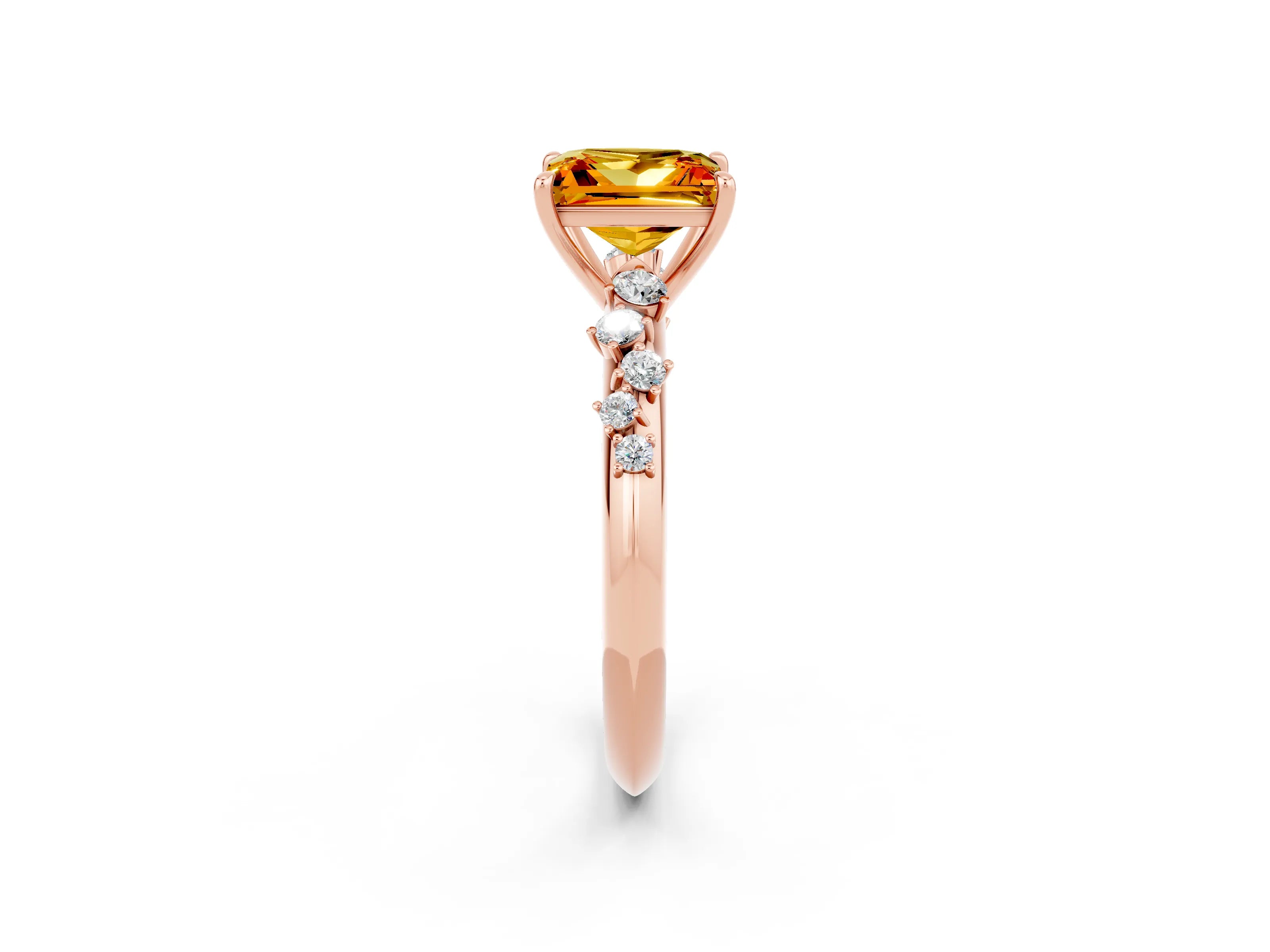 Rose gold Princess Cut Citrine Cluster Side Stone Solitaire Ring with Prong Setting_26