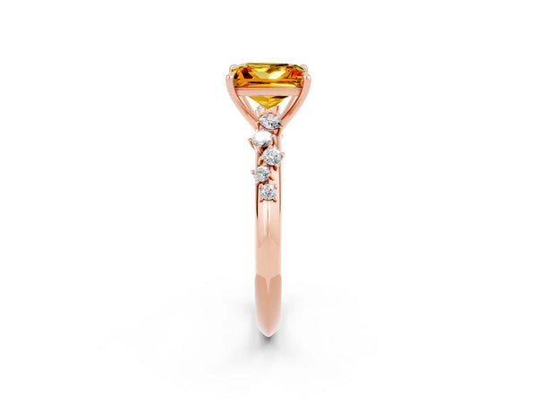 Rose gold Princess Cut Citrine Cluster Side Stone Solitaire Ring with Prong Setting
