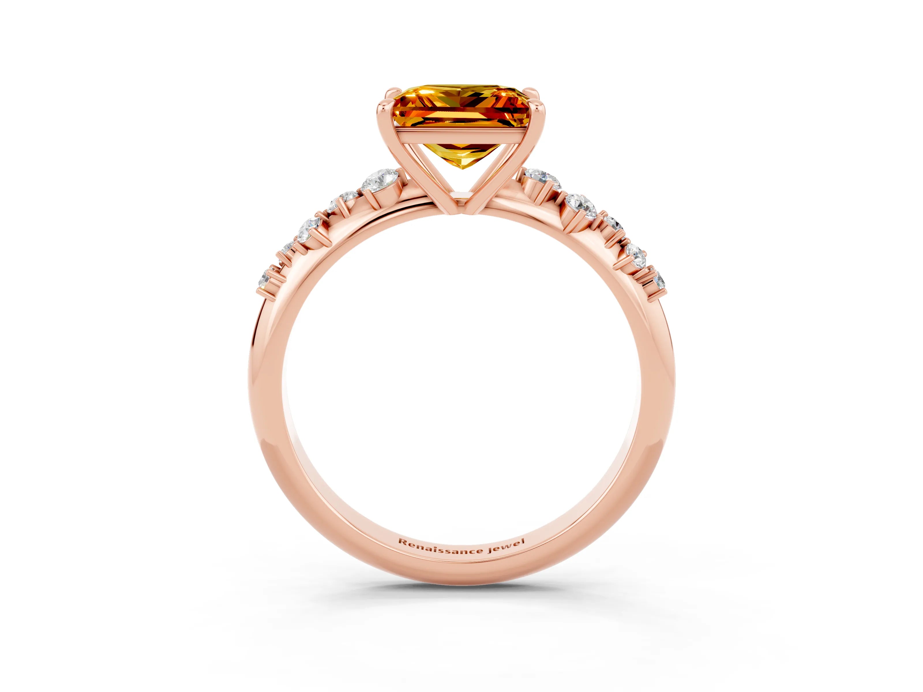 Rose gold Princess Cut Citrine Cluster Side Stone Solitaire Ring with Prong Setting_27