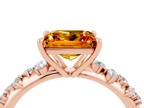 Rose gold Princess Cut Citrine Cluster Side Stone Solitaire Ring with Prong Setting_28