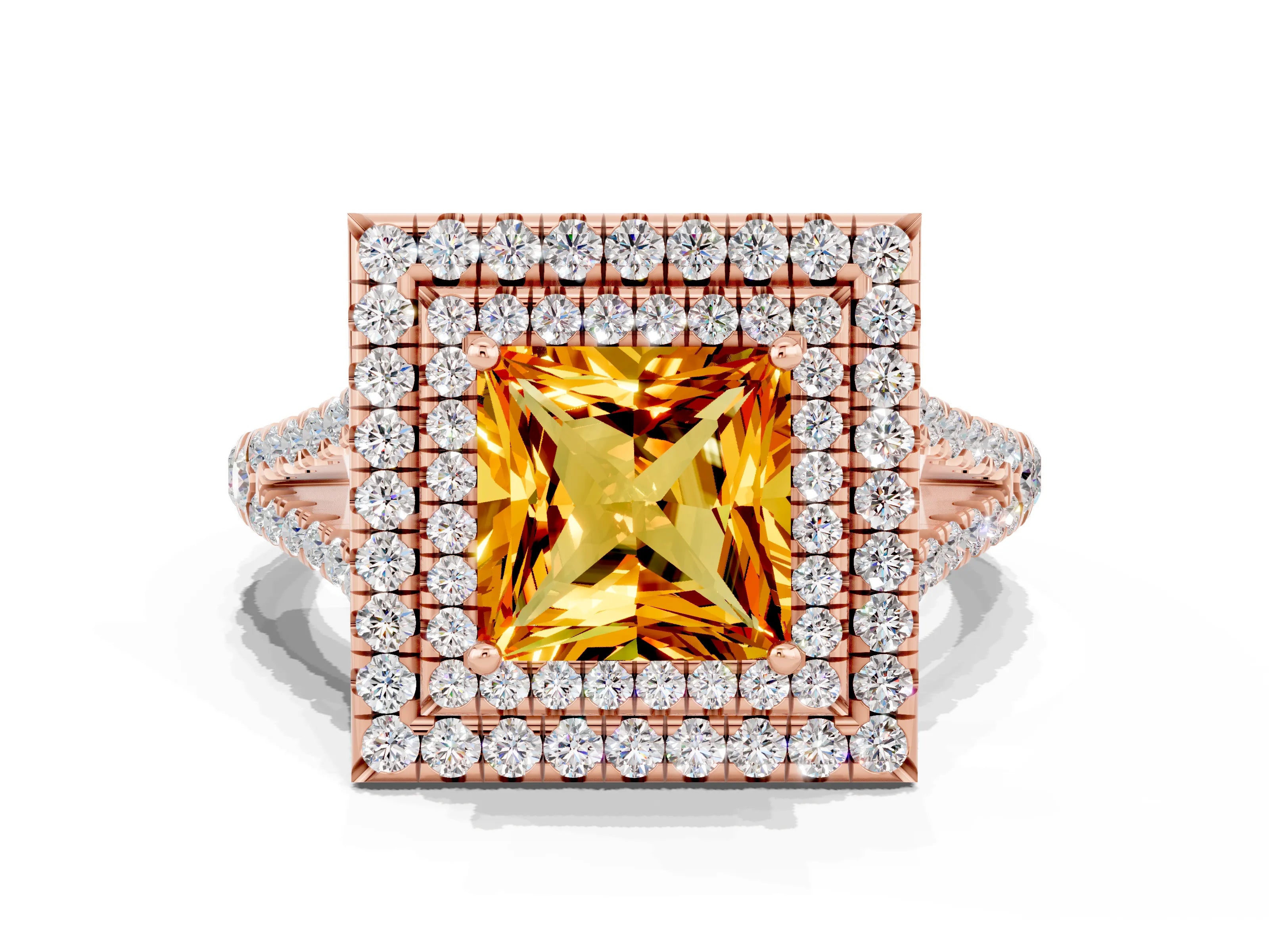 Rose gold Princess Cut Citrine Double Halo Ring with Pavé Band and Prong Setting_12