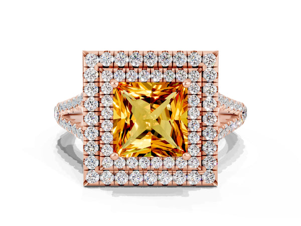 Rose gold Princess Cut Citrine Double Halo Ring with Pavé Band and Prong Setting