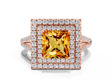 Rose gold Princess Cut Citrine Double Halo Ring with Pavé Band and Prong Setting_12