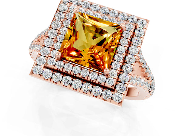 Rose gold Princess Cut Citrine Double Halo Ring with Pavé Band and Prong Setting