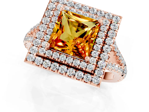 Rose gold Princess Cut Citrine Double Halo Ring with Pavé Band and Prong Setting_13