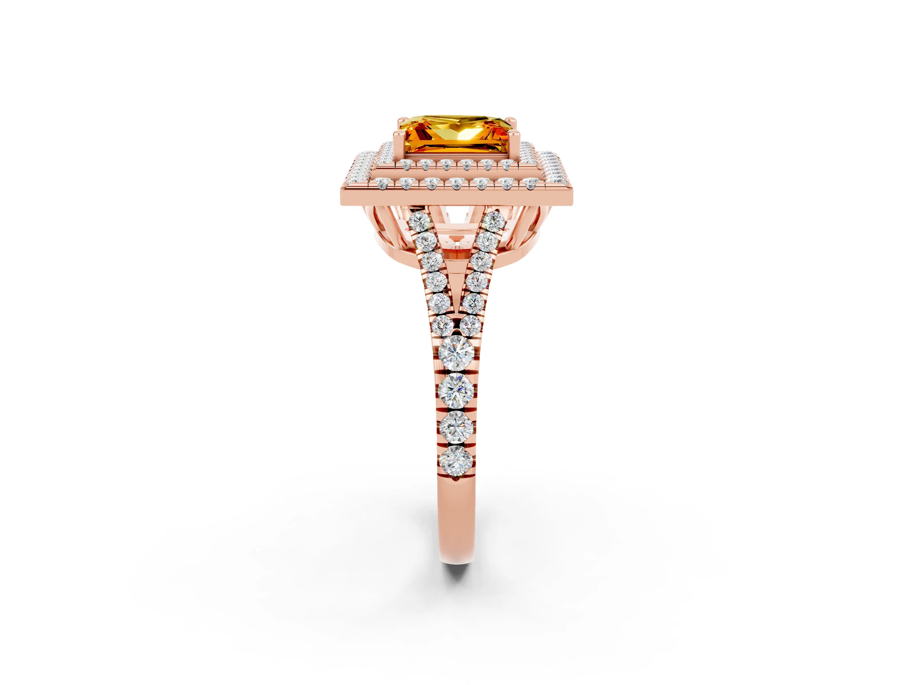 Rose gold Princess Cut Citrine Double Halo Ring with Pavé Band and Prong Setting_14