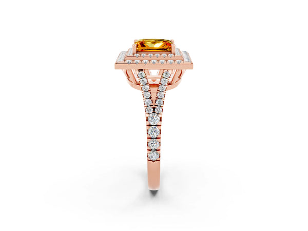 Rose gold Princess Cut Citrine Double Halo Ring with Pavé Band and Prong Setting