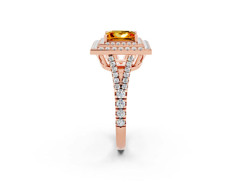 Rose gold Princess Cut Citrine Double Halo Ring with Pavé Band and Prong Setting_14