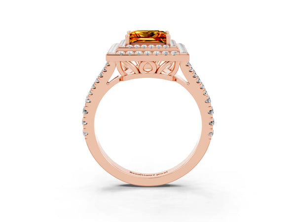 Rose gold Princess Cut Citrine Double Halo Ring with Pavé Band and Prong Setting