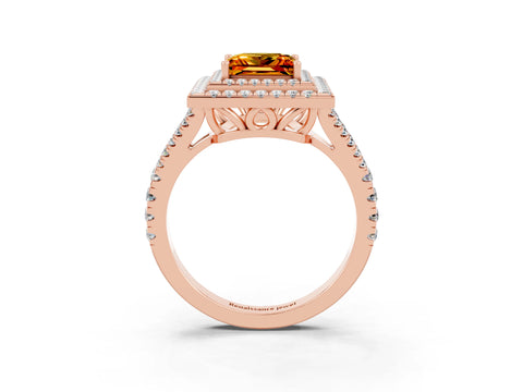 Rose gold Princess Cut Citrine Double Halo Ring with Pavé Band and Prong Setting_15