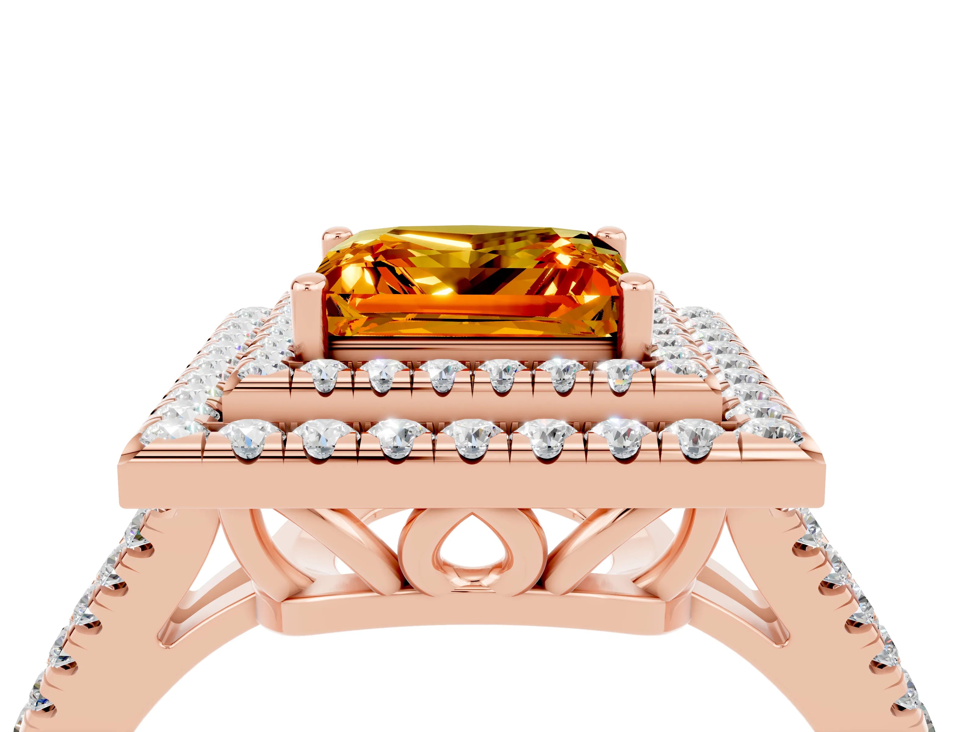 Rose gold Princess Cut Citrine Double Halo Ring with Pavé Band and Prong Setting_16