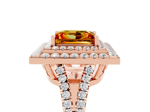 Rose gold Princess Cut Citrine Double Halo Ring with Pavé Band and Prong Setting_17