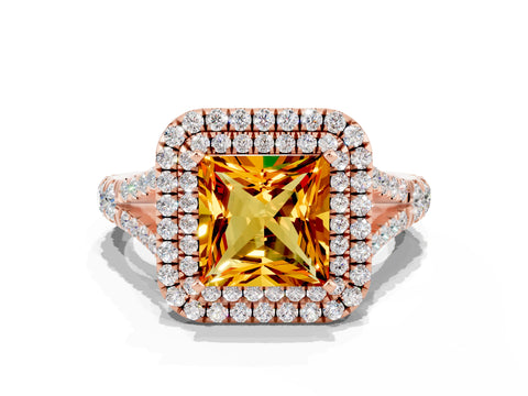 Rose gold Princess Cut Citrine Double Halo Ring with Split Shank and Prong Setting_12