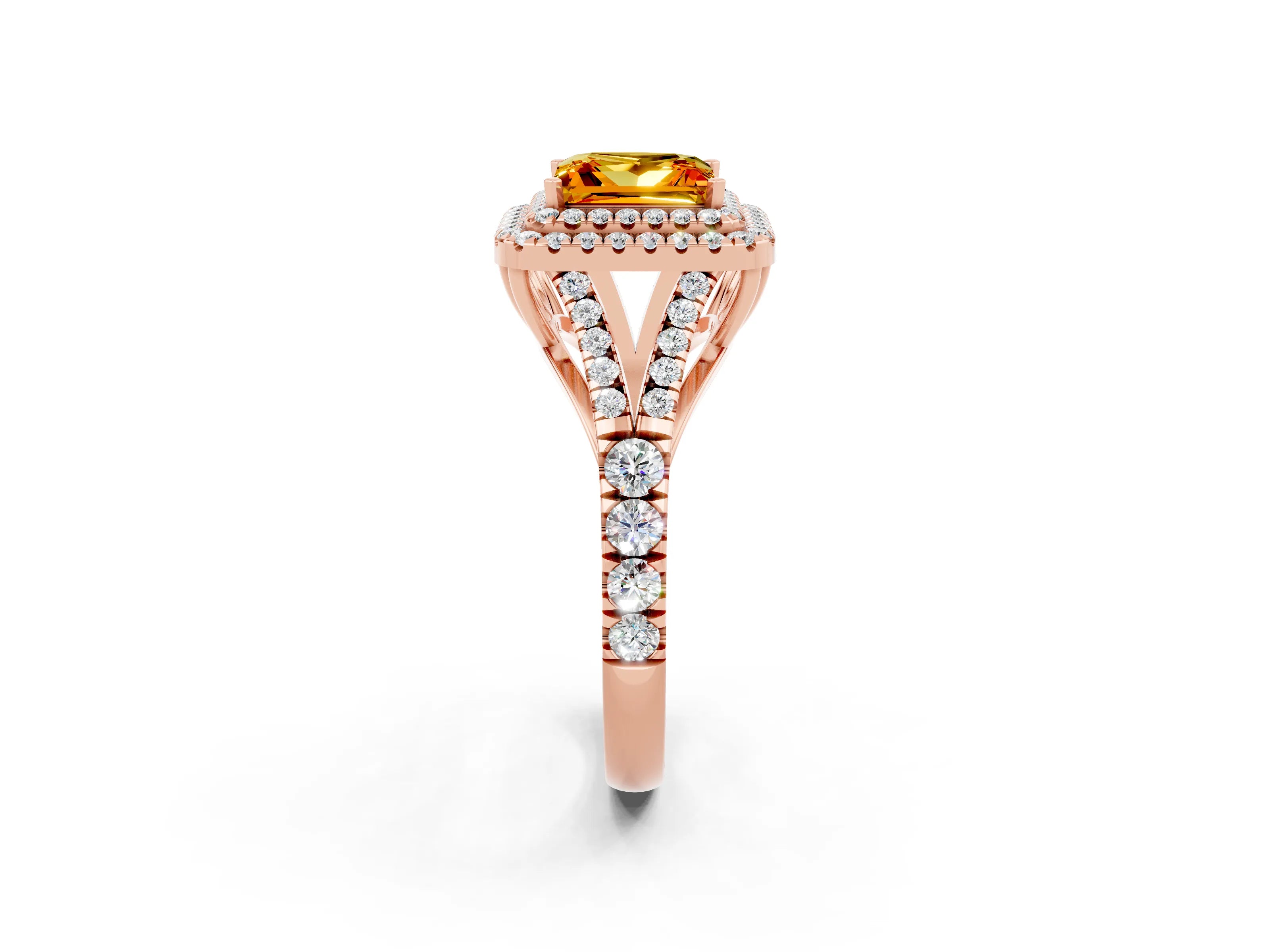 Rose gold Princess Cut Citrine Double Halo Ring with Split Shank and Prong Setting_14