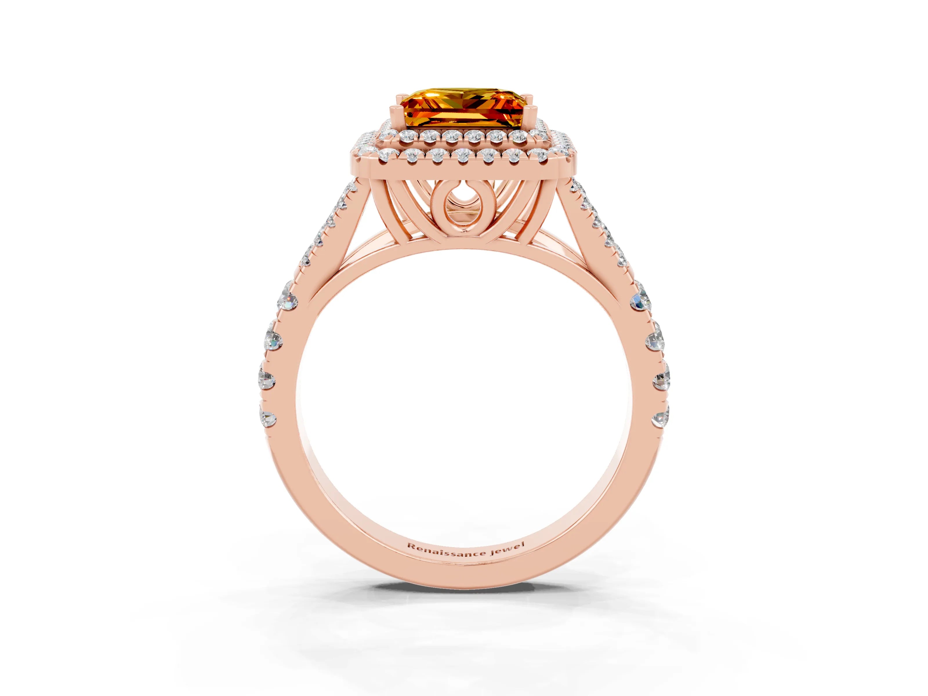 Rose gold Princess Cut Citrine Double Halo Ring with Split Shank and Prong Setting_15