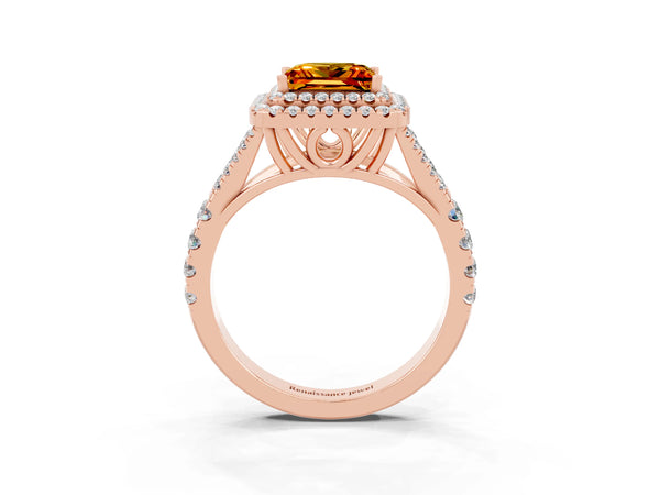 Rose gold Princess Cut Citrine Double Halo Ring with Split Shank and Prong Setting