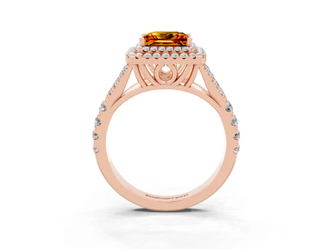Rose gold Princess Cut Citrine Double Halo Ring with Split Shank and Prong Setting_15