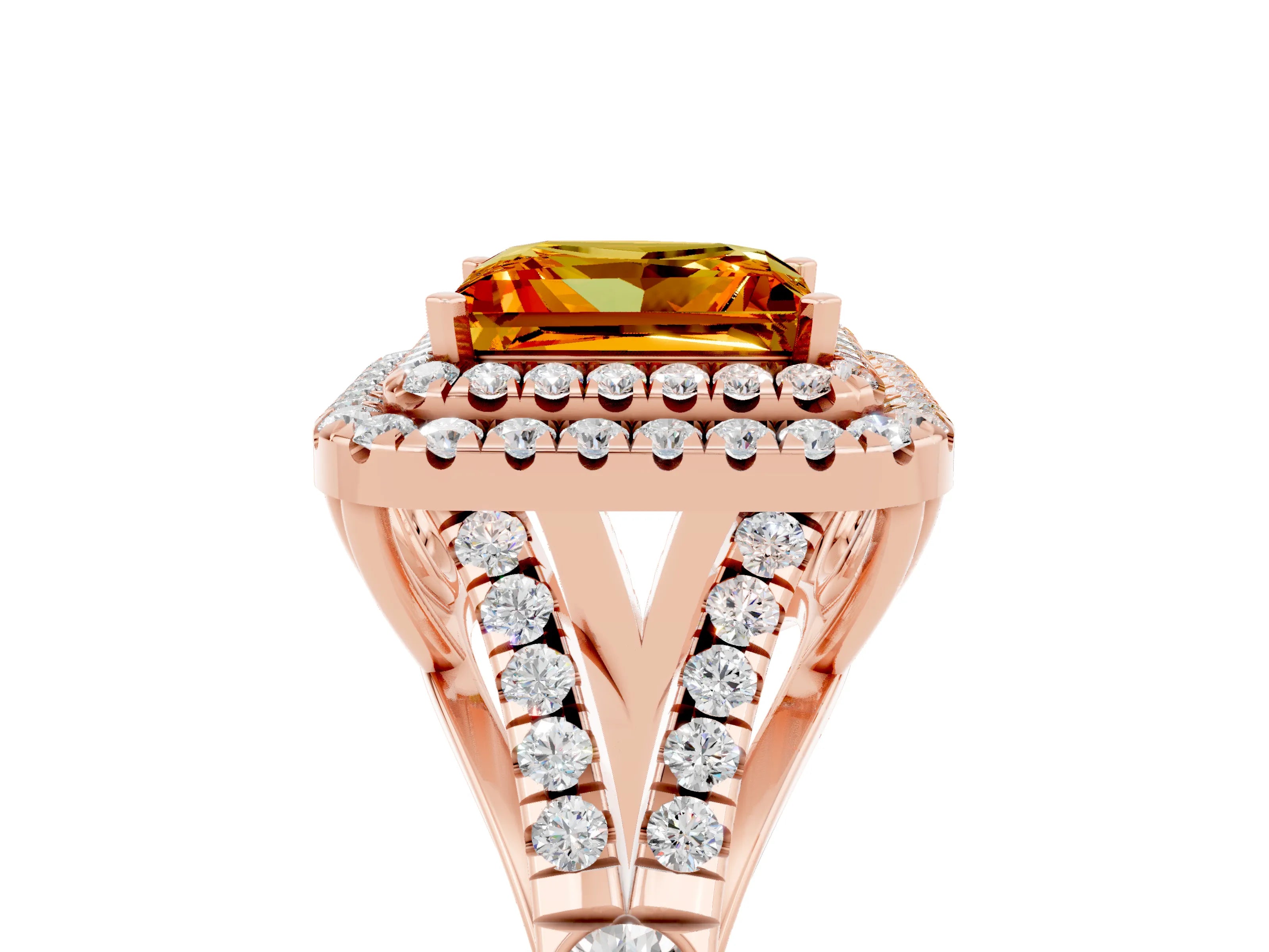 Rose gold Princess Cut Citrine Double Halo Ring with Split Shank and Prong Setting_17