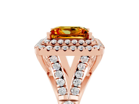 Rose gold Princess Cut Citrine Double Halo Ring with Split Shank and Prong Setting_17