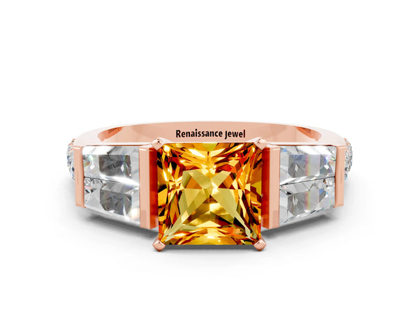 Rose gold Princess Cut Citrine Engagement Ring with Baguette Side Stones and Channel Set Band