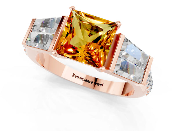 Rose gold Princess Cut Citrine Engagement Ring with Baguette Side Stones and Channel Set Band