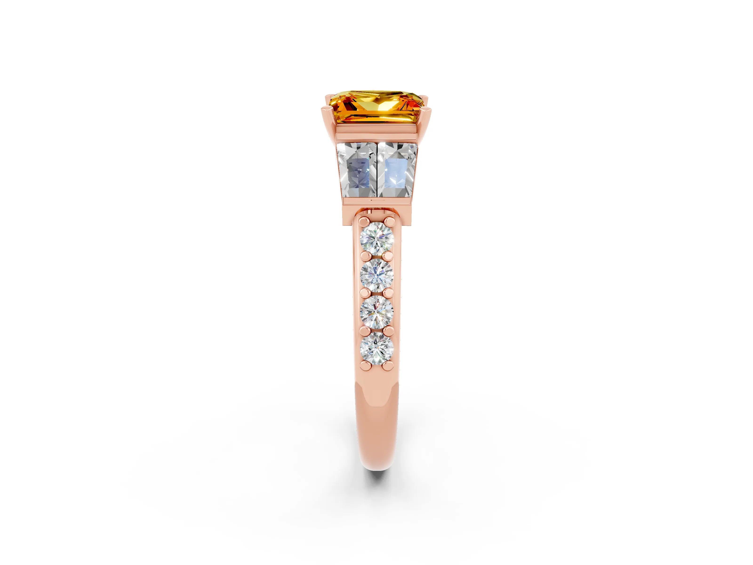 Rose gold Princess Cut Citrine Engagement Ring with Baguette Side Stones and Channel Set Band_2