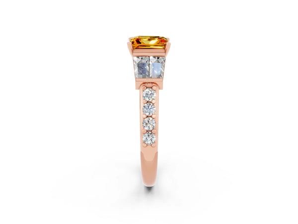 Rose gold Princess Cut Citrine Engagement Ring with Baguette Side Stones and Channel Set Band