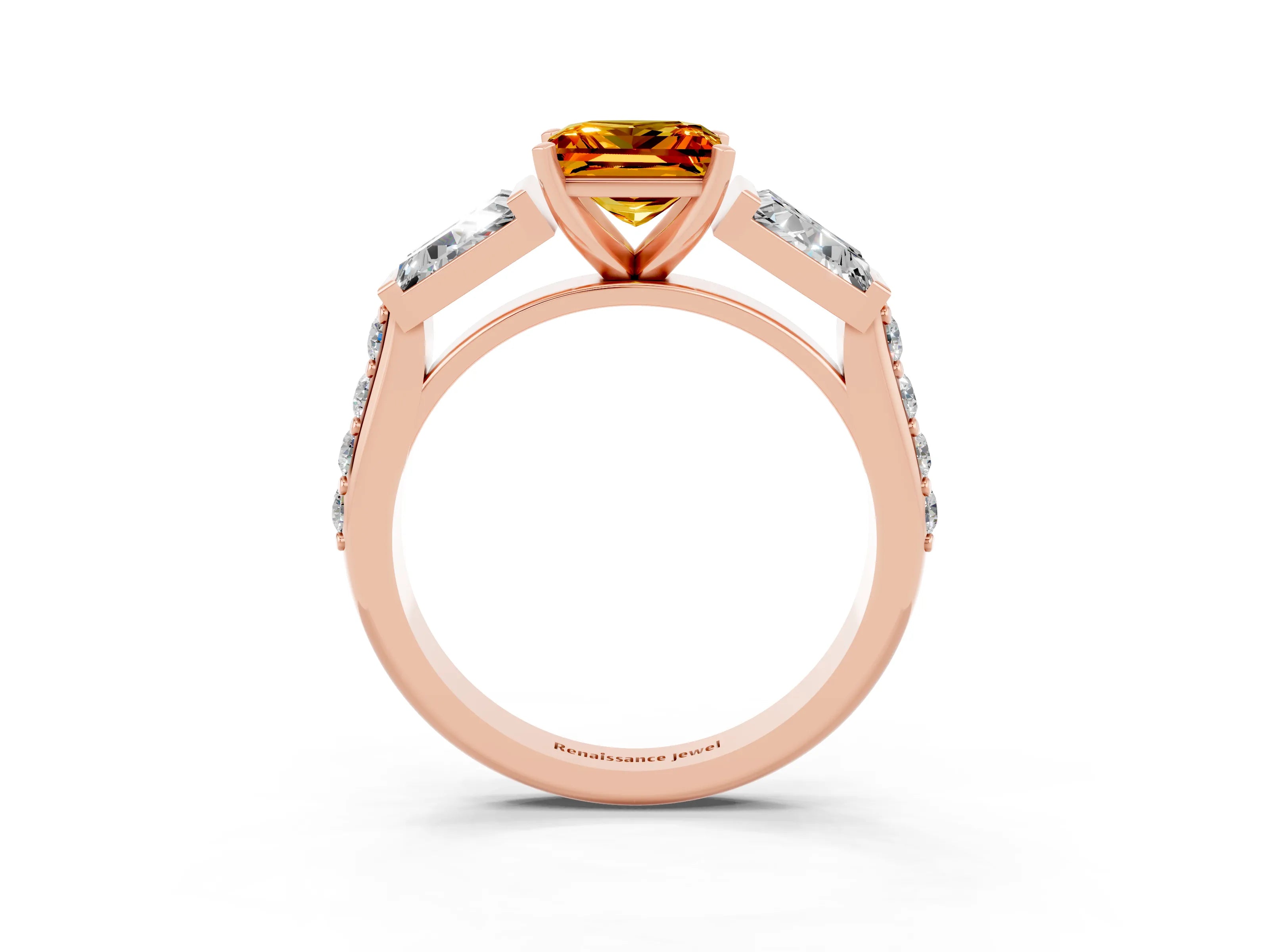 Rose gold Princess Cut Citrine Engagement Ring with Baguette Side Stones and Channel Set Band_3