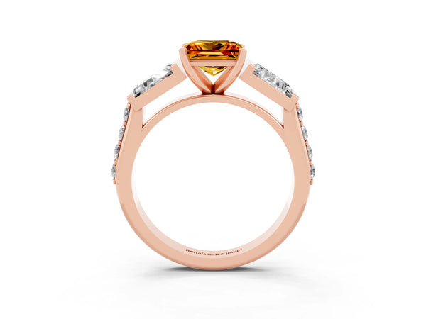 Rose gold Princess Cut Citrine Engagement Ring with Baguette Side Stones and Channel Set Band
