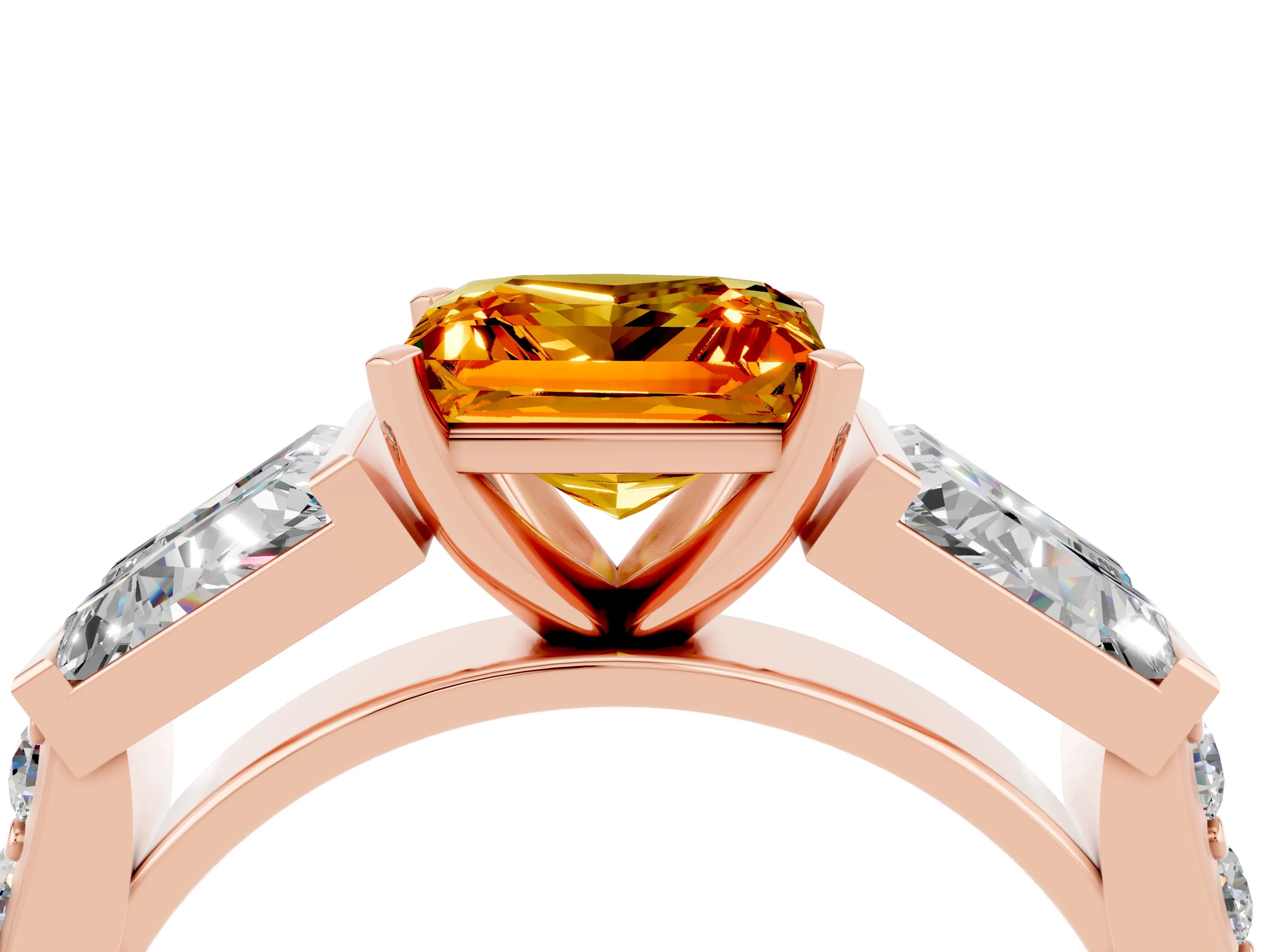Rose gold Princess Cut Citrine Engagement Ring with Baguette Side Stones and Channel Set Band_4