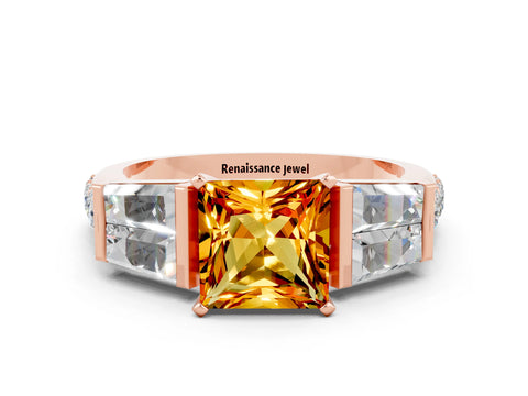 Rose gold Princess Cut Citrine Engagement Ring with Baguette Side Stones and Channel Set Band