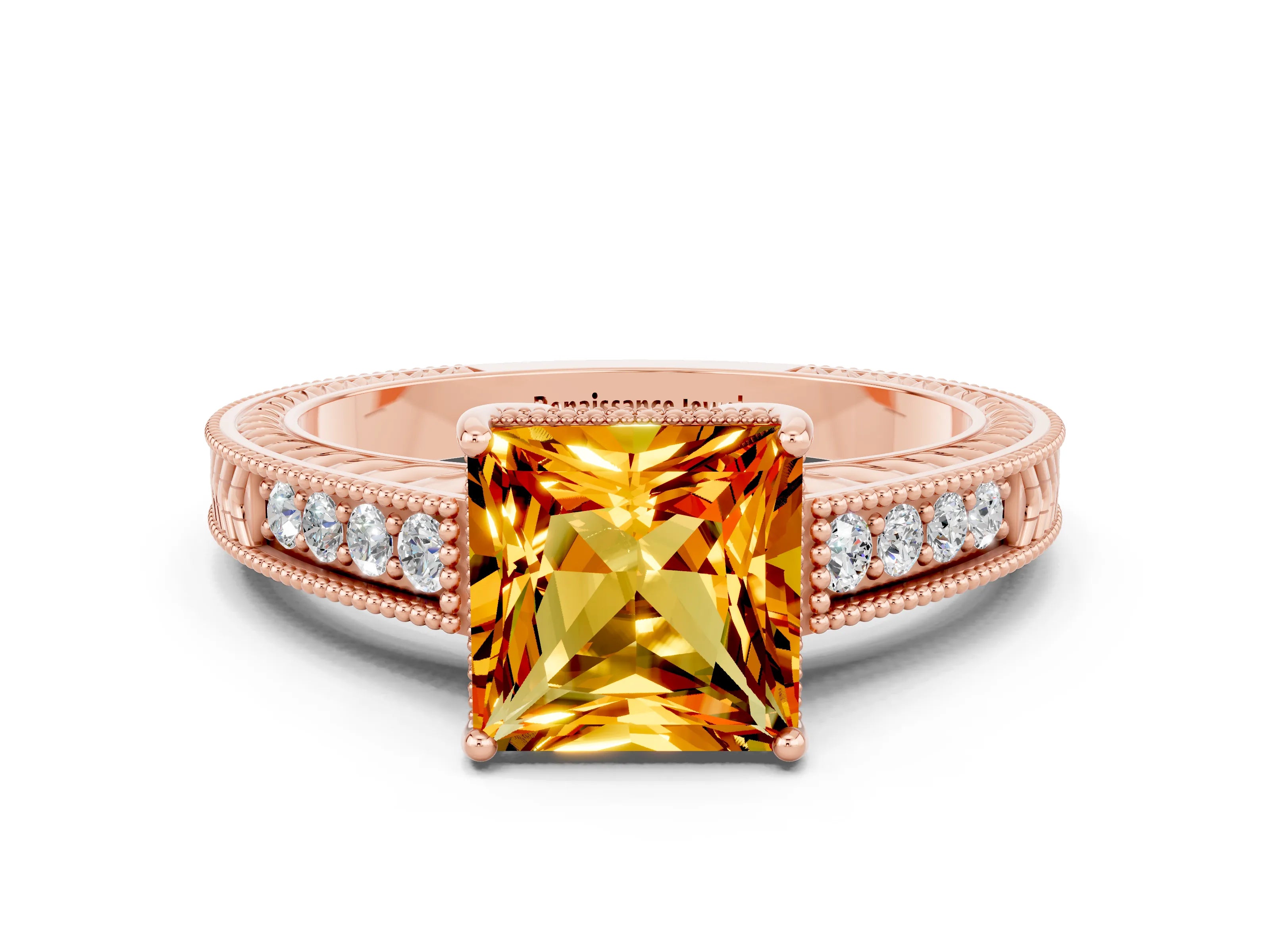 Rose gold Princess Cut Citrine Engagement Ring with Milgrain Channel Set Band and Prong Setting
