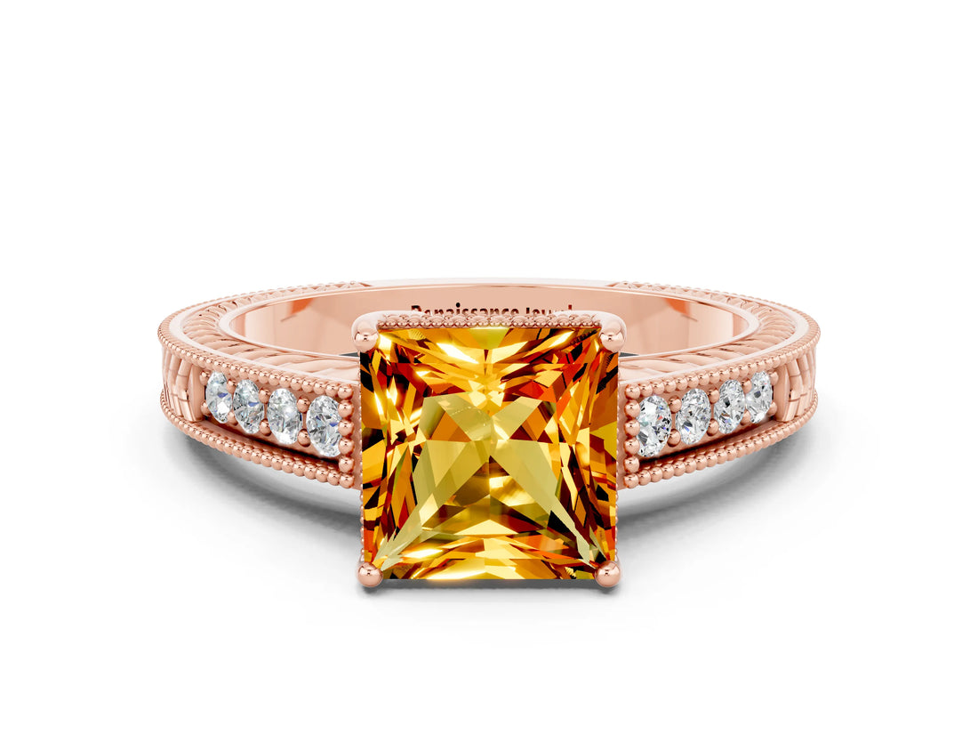 Rose gold Princess Cut Citrine Engagement Ring with Milgrain Channel Set Band and Prong Setting