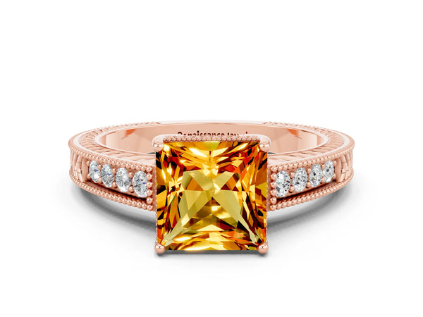 Rose gold Princess Cut Citrine Engagement Ring with Milgrain Channel Set Band and Prong Setting