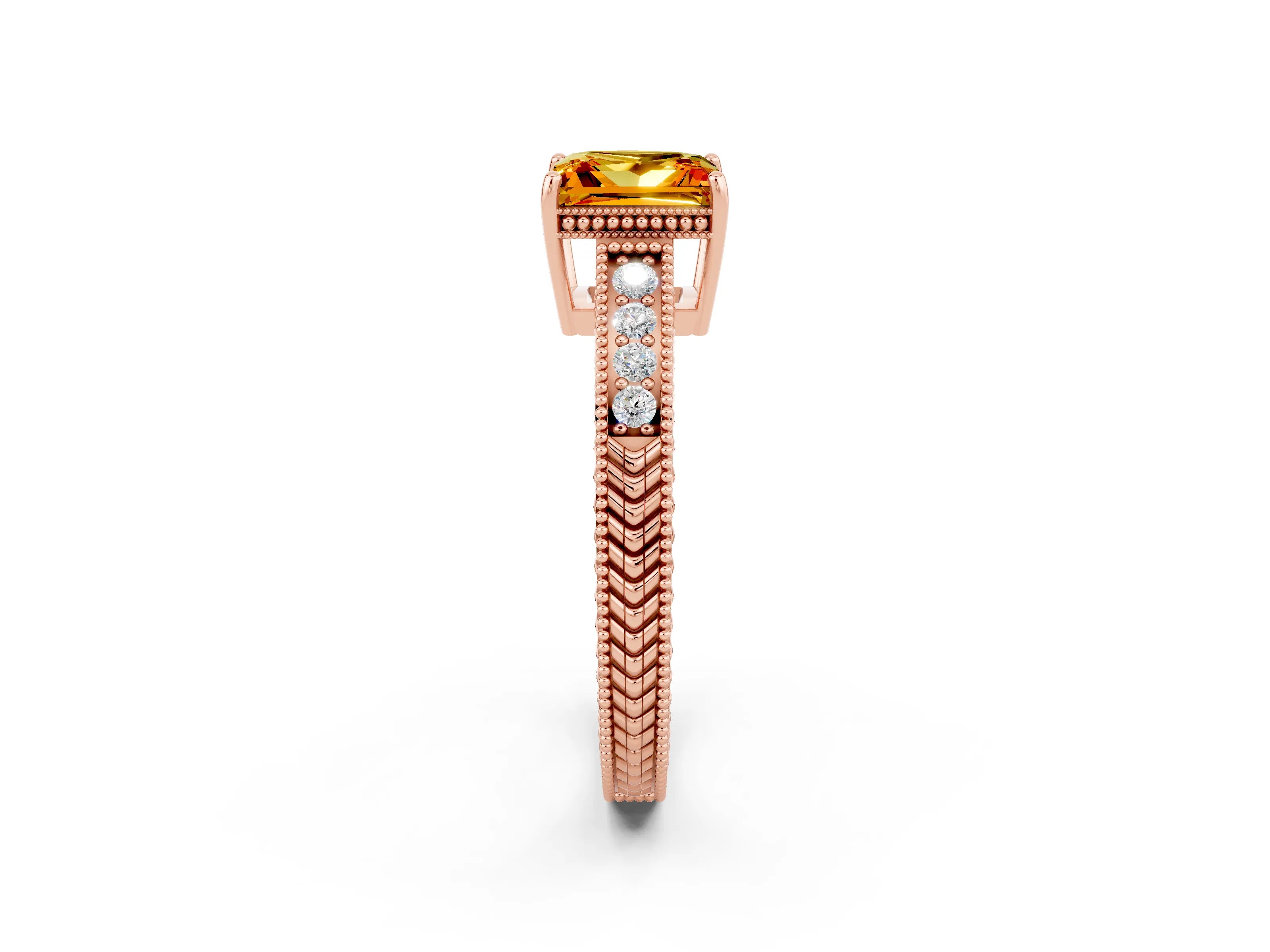 Rose gold Princess Cut Citrine Engagement Ring with Milgrain Channel Set Band and Prong Setting_2