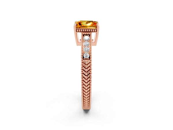 Rose gold Princess Cut Citrine Engagement Ring with Milgrain Channel Set Band and Prong Setting