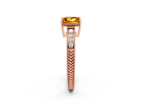 Rose gold Princess Cut Citrine Engagement Ring with Milgrain Channel Set Band and Prong Setting_2