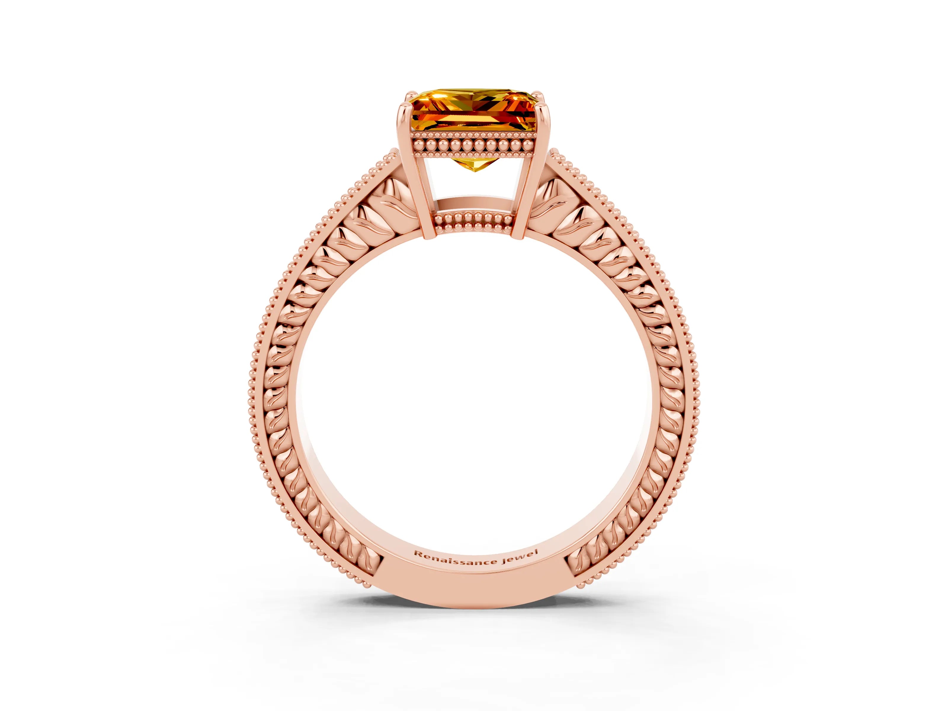 Rose gold Princess Cut Citrine Engagement Ring with Milgrain Channel Set Band and Prong Setting_3
