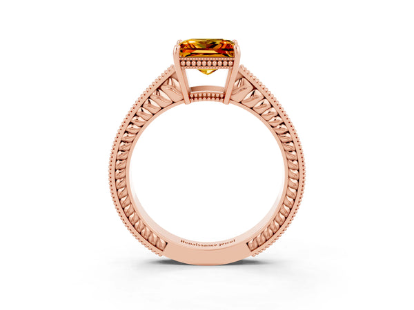 Rose gold Princess Cut Citrine Engagement Ring with Milgrain Channel Set Band and Prong Setting