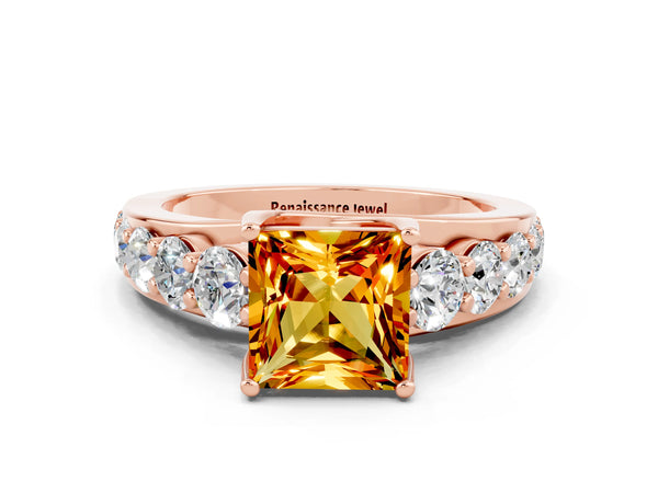 Rose gold Princess Cut Citrine Engagement Ring with Pavé Band and Four-Prong Setting